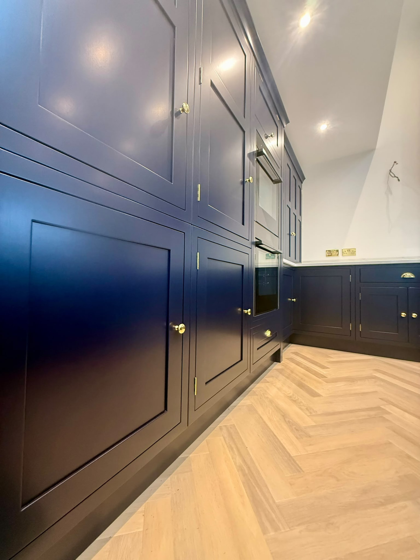 Navy hand painted tall kitchen cabinetry with integrated oven and polished brass fittings