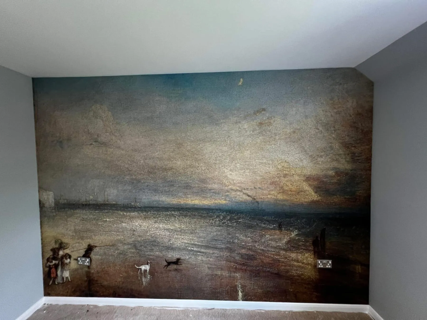 Fine-art Turner style seascape mural wallpaper covering a bedroom wall